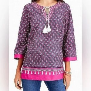 CHARTER CLUB Women's Boho 100% Cotton Tassel Tunic Pink/Berry Cool Top Size XL